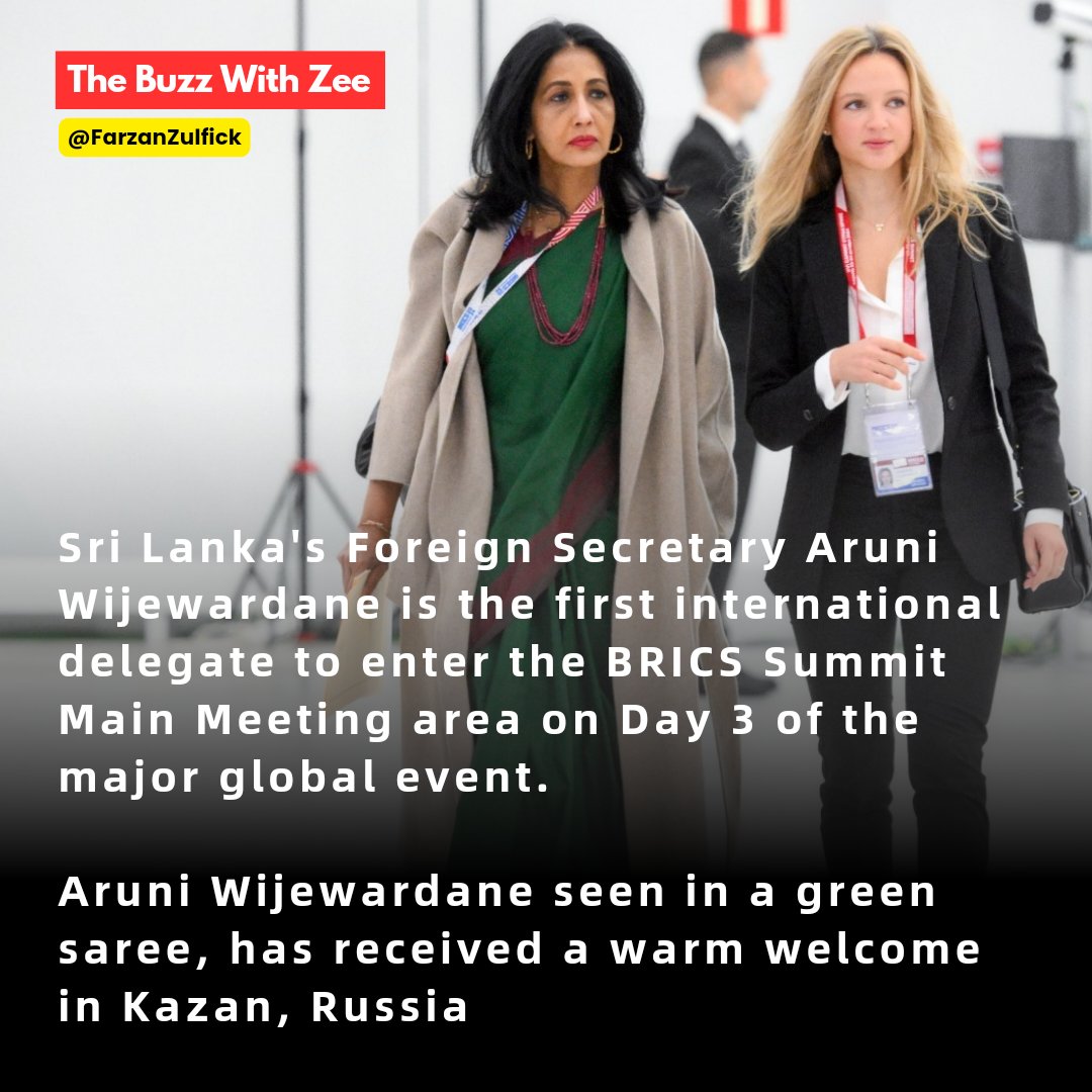 Zulfick Farzan (Official) (@farzanzulfick) on Twitter photo Sri Lanka's Foreign Secretary Aruni Wijewardane is the first international delegate to enter BRICS Summit Main Meeting area on Day 3
Aruni Wijewardane, seen in a green saree, has received a warm welcome in Kazan, Russia <a href="/BRICSinfo/">BRICS News</a>
<a href="/AWijewardane/">Aruni Wijewardane</a> <a href="/MFA_SriLanka/">MFA SriLanka 🇱🇰</a> Sri Lanka's Foreign Secretary Aruni Wijewardane is the first international delegate to enter BRICS Summit Main Meeting area on Day 3
Aruni Wijewardane, seen in a green saree, has received a warm welcome in Kazan, Russia <a href="/BRICSinfo/">BRICS News</a>
<a href="/AWijewardane/">Aruni Wijewardane</a> <a href="/MFA_SriLanka/">MFA SriLanka 🇱🇰</a>