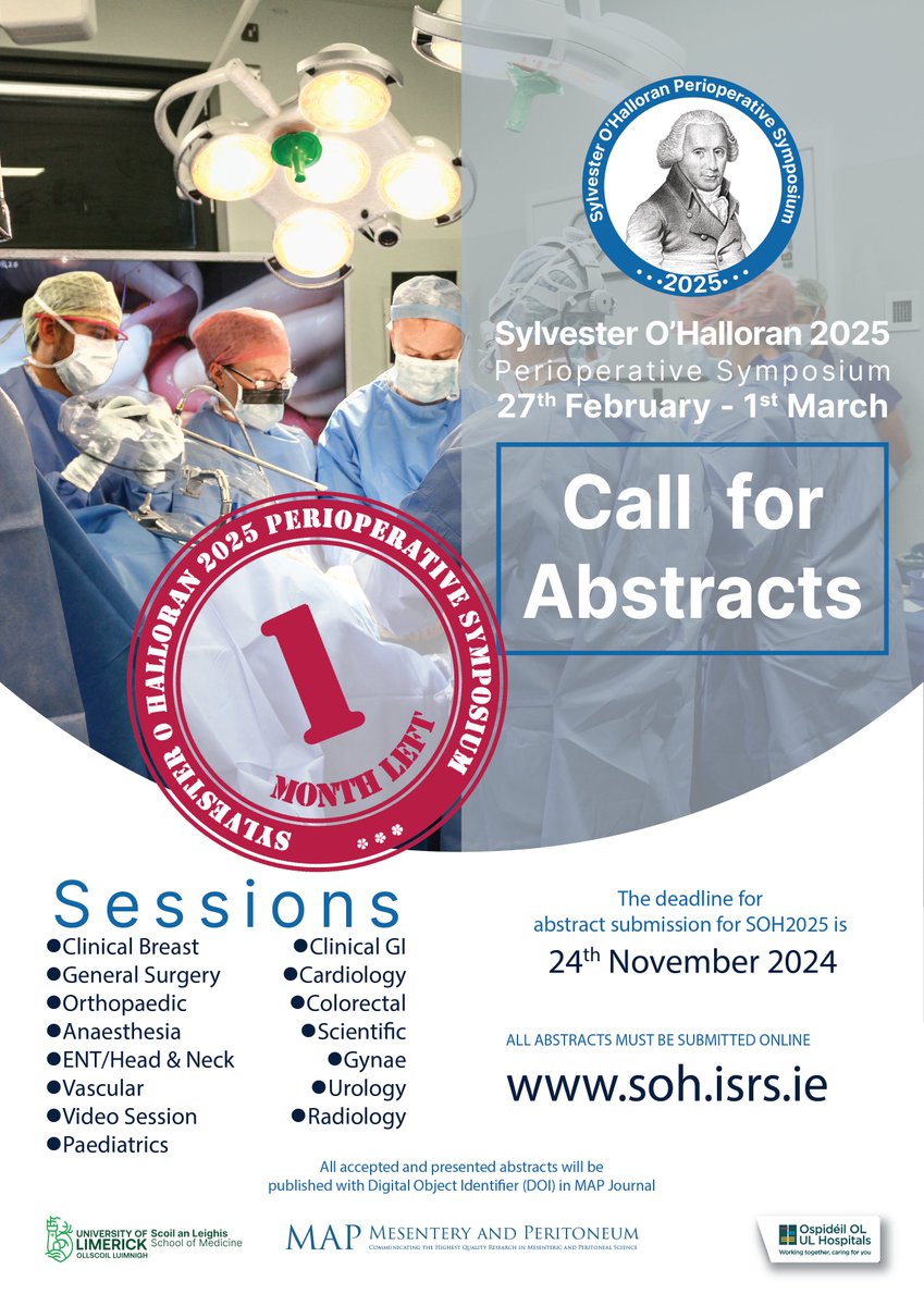 1 month left to submit your abstract  for #SOH2025.    Abstract Submission Deadline: 24/11/2024.  For more information on how you can submit your abstract, visit our website soh.isrs.ie