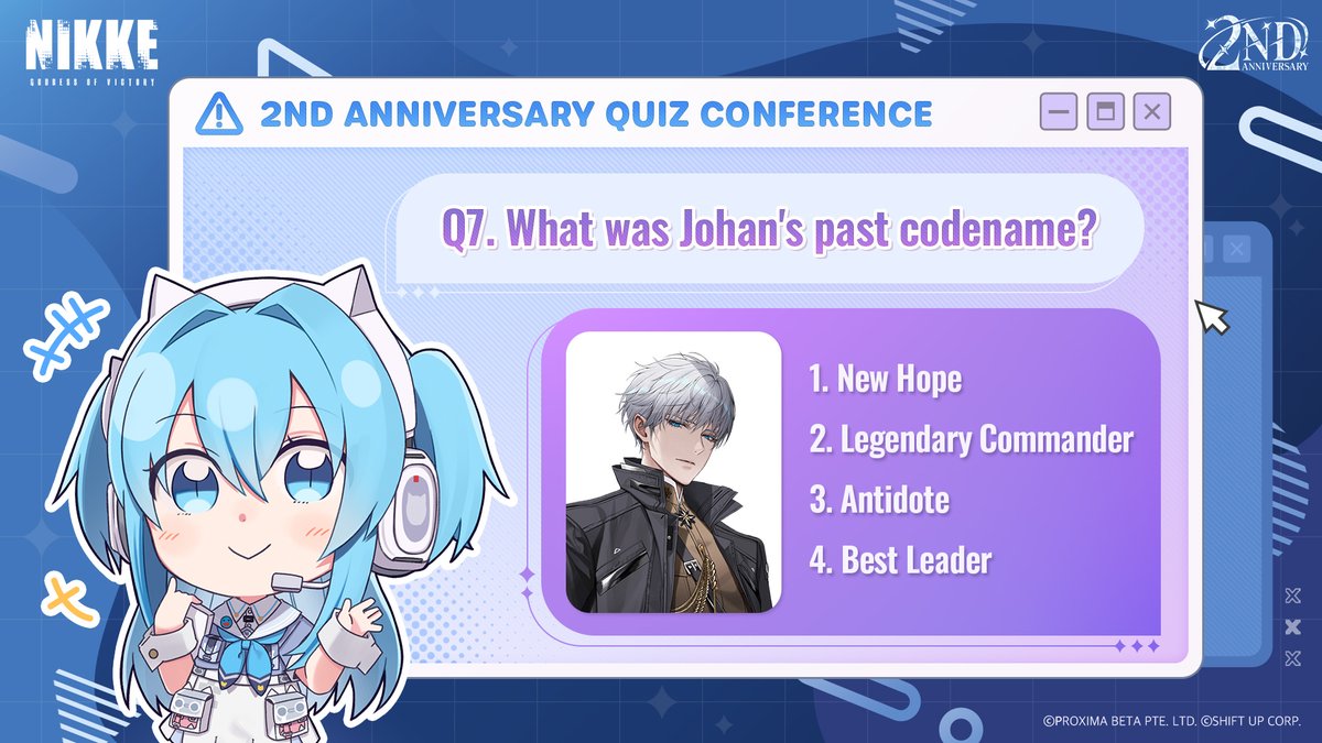NIKKE_en's tweet photo. 【🔔 2nd Anniversary Quiz Conference - Final Round 🔔】

#NIKKE2ndAnniversary #QuizConference

It's time for the final round! Thank you to all Commanders who participated so far. We've prepared two more questions for the grand finale!

Don't forget to tune in to NIKKE‘s 2nd Anniversary Livestream coming soon!

Livestream Begins
📅 10/26 20:00 (UTC+9)
*A 30-minute countdown will start at 19:30 (UTC+9)

✅ Event Period 
10/24 ~ 10/25 23:59 (UTC+9)

🎁 Reward
5 Commanders will each win one random NIKKE Official Merch

Sweepstakes
🔗: https://t.co/OjVint0bSf

#NIKKE
#Contest
