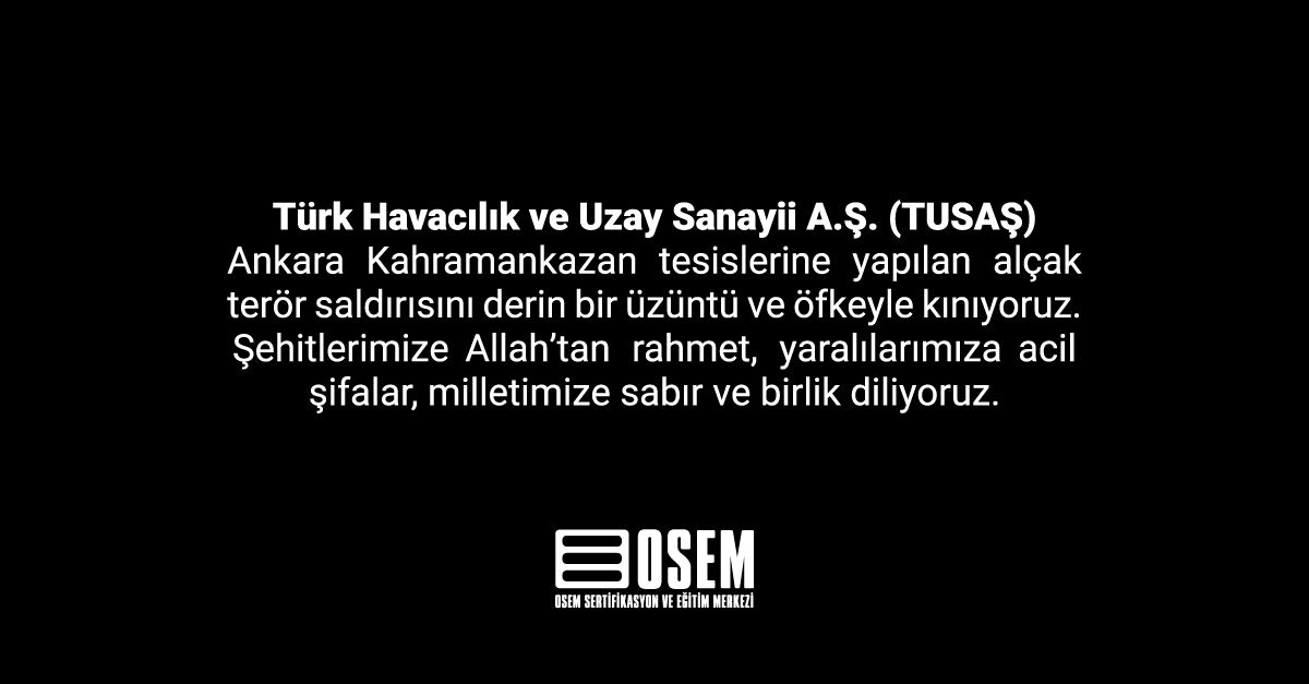 Türk Havacılık ve Uzay Sanayii A.Ş. (TUSAŞ) Ankara Kahramankazan tesislerine yapılan alçak terör saldırısını derin bir üzüntü ve öfkeyle kınıyoruz. Şehitlerimize Allah’tan rahmet, yaralılarımıza acil şifalar, milletimize sabır ve birlik diliyoruz.
