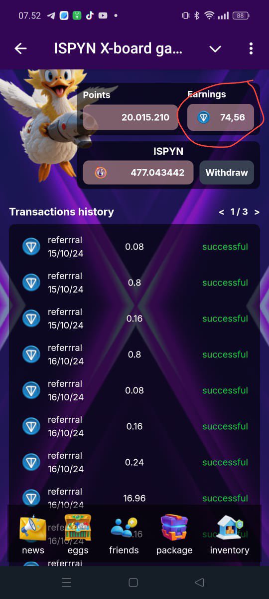 Guys 

Now u can check on profile side 
And see how much POINTS , ISPYN and TON u has collected in real time 
All of history will shown 

And ride the waves of 80k TON on refferal Mining cards pool u can grab !! 

Cheers , 

X-board team