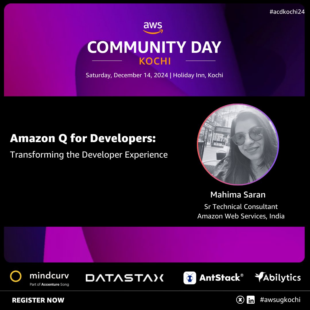 Join us for "Amazon Q for Developers: Transforming the Developer Experience" with Mahima Saran from AWS!

📅 Dec 14, 2024
📍 Holiday Inn, Kochi

Register now: communityday.awsugkochi.in

#acdkochi24 #aws #awsugkochi #awscloud