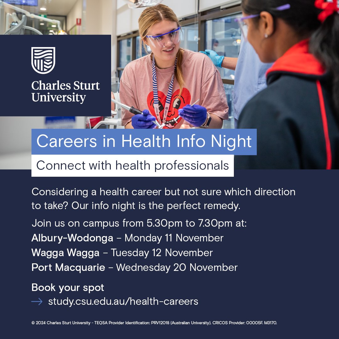 🩺✨ Your future could be in health! 

Join us for #CharlesSturtUni's Careers in Health Info Night! Get inspired by healthcare professionals, uncover exciting pathways, and see how you can transform regional health. 

Kickstart your journey here: 🔗 go.csu.edu.au/3MqdAuk