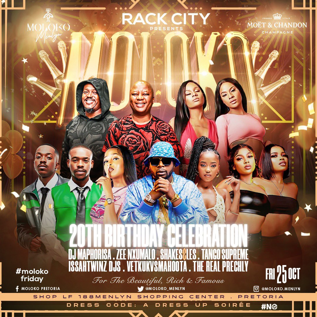 brucebhakha's tweet photo. We’re turning 20 @Moloko_Menlyn come celebrate our birthday with us #MolokoMenlyn #RackCity #molokofridays #rich4eversaturdays Featuring @Djyeankeyz @sbokhuzy @PoizonDaGodfada @Emulsypro @mutombo_lionel @Darrenmocha @Thabang_Den 🔥🔥🔥🥂🥂🥂 https://t.co/Ii3g1F7I2U