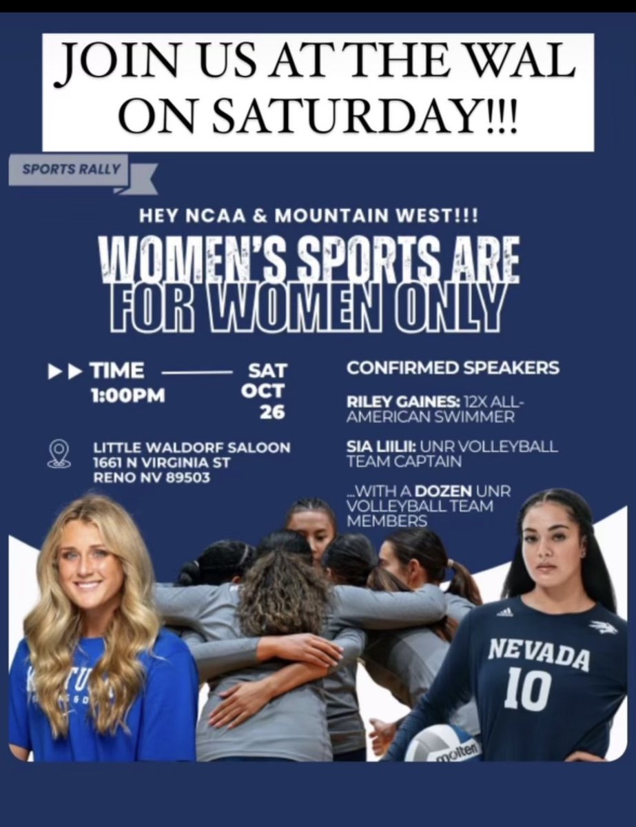 CharleneBybee's tweet photo. Join me this Saturday to support our #lNevadaWVB 👍🏼🏐 The SJSU game was moved from Reno to San Jose so the players are holding a sports rally with special guest #RileyGaines . #PackProud 💙🐺 https://t.co/QbNV7Lvyvl