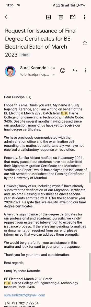 SurajKarande77's tweet photo. @Uni_Mumbai We have not received final results from more than the last 1 yr from @BRHarneCollege. Batch  20-2021 BE-EE. @BJP4India @narendramodi @PMOIndia @dpradhanbjp  @dvkesarkar Please look into this and help all students. https://t.co/OvZ8WtWbiy