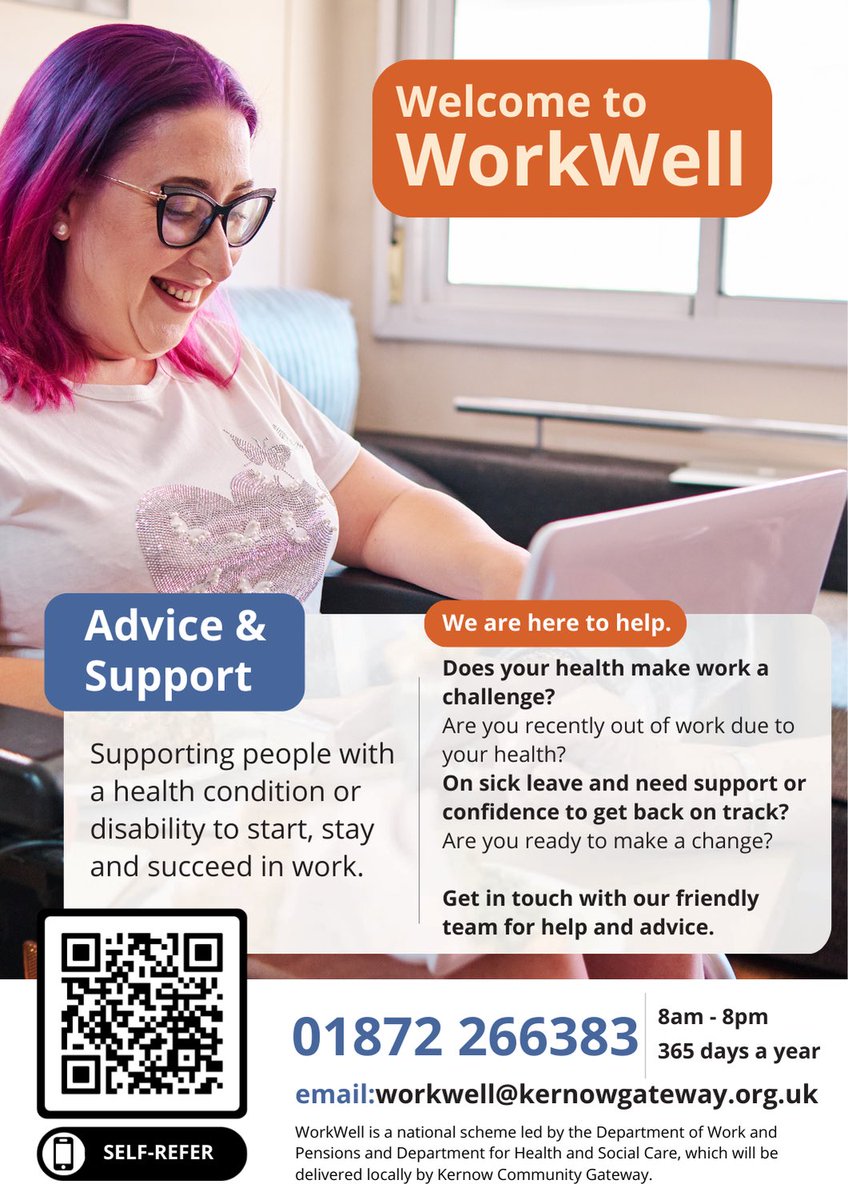 AgeUKCornwall's tweet photo. Do you need support, advice, or guidance to stay and thrive in work or get back to work?
WorkWell is here to help.
π
π§ workwell@kernowgateway.org.uk
π https://t.co/hap44qGnGU
#workwell #creatingconnections #cornwallsupport https://t.co/KTb2cRtU1q
