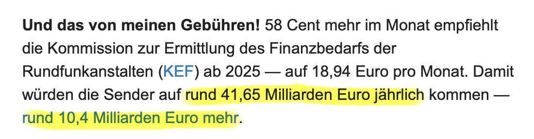 Stefan Niggemeier (@niggi) on Twitter photo Ich hoffe, die #Politico-Leute kennen sich bei anderen politischen Themen besser aus als beim #Rundfunkbeitrag. Die Sender brauchen laut KEF nicht 41,65 Mrd €, sondern 10,4 Mrd jährlich. Das ist keine Steigerung von 10,4 Mrd, sondern von 0,75 Mrd jährlich. <a href="/vonderburchard/">Hans von der Burchard</a> (1/3) Ich hoffe, die #Politico-Leute kennen sich bei anderen politischen Themen besser aus als beim #Rundfunkbeitrag. Die Sender brauchen laut KEF nicht 41,65 Mrd €, sondern 10,4 Mrd jährlich. Das ist keine Steigerung von 10,4 Mrd, sondern von 0,75 Mrd jährlich. <a href="/vonderburchard/">Hans von der Burchard</a> (1/3)