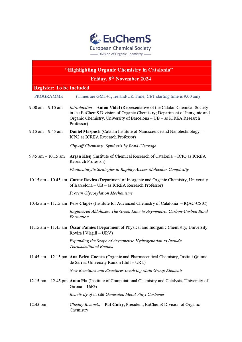 📢Simposi Highlighting Organic Chemistry in Catalonia
 
🗓️8/11 de 9-13 h

En format virtual vol donar a conèixer la recerca en química orgànica dels diferents països membres d'<a href="/EuChemS/">EuChemS</a>. En aquesta ocasió està organitzat per la SCQ i compta amb destacats científics de casa nostra.