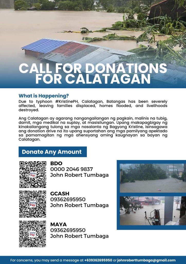 CALATAGAN NEEDS YOUR HELP 🙏🏻

Ang inyong tulong pinansyal ay maghahatid ng mga agarang pangangailangan sa mga nasalanta. Kami po ay nakikipag-ugnayan sa mga ahensiya sa Calatagan upang mas mabilis na maihatid ang tulong at mga donasyon. 

#TulongParaSaCalatagan