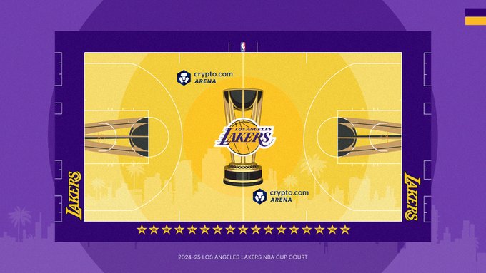 La cancha de los Lakers de dorado y púrpura. Al costado, cada estrella representa a los títulos obtenidos. Foto: Lakers.
