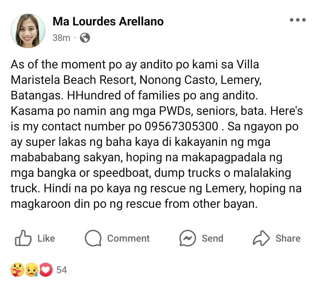 HELLO, PLEASE RETWEET THIS PO ‼️🆘

NEED PO NILA NG BOATS NA KAYA SILANG PUNTAHAN. HUNDRED OF FAMILIES PO ANG STRANDED.

Contact Person: Ma. Lourdes Arellano
Contact Number: 09567305300
Location: Villa Maristela Beach Resort, Nonong Casto, Lemery Batangas

#KristinePH #RescuePH
