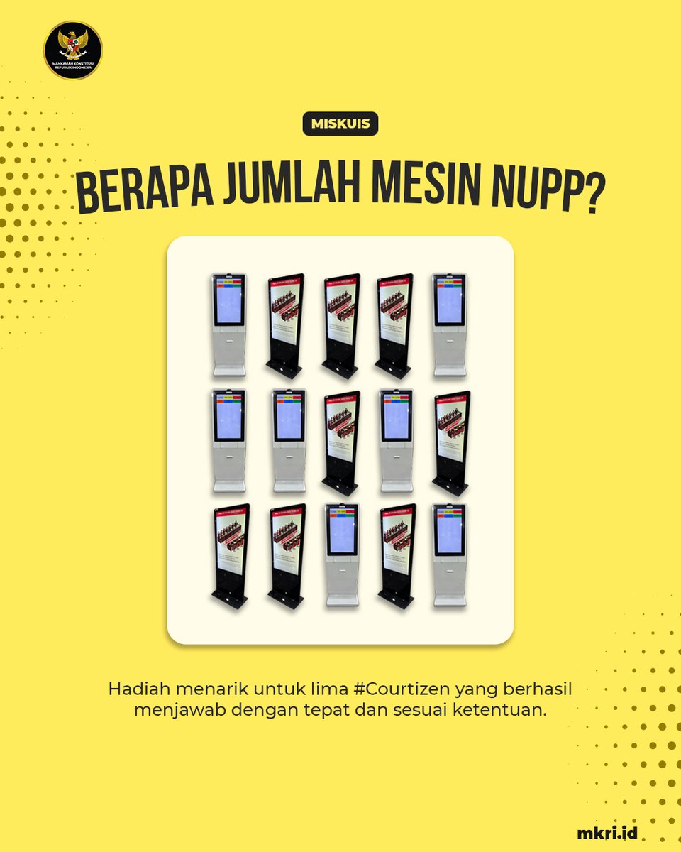 officialMKRI's tweet photo. #Courtizen yang pernah mengajukan permohonan di MK pasti sudah familiar dengan mesin cetak Nomor Urut Pengajuan Permohonan (NUPP) dan tau jawabannya nih! ☺️

Kalau sudah bisa menjawab langsung aja tulis di kolom reply deh.

Ets seperti biasa, jangan lupa syarat dan ketentuannya ya!

Syarat dan Ketentuan:

1. Like postingan ini
2. Follow akun media sosial MK
3. Kalau sudah, tuliskan jawaban yang tepat di kolom reply serta mention 1 orang teman
4. Akun #Courtizen jangan di-private/protect dulu sampai kuisnya selesai.

#MisKuis ditutup pada 27 Oktober 2024 pukul 24.00 WIB dan diumumkan pada 28 Oktober 2024 melalui story instagram MK.

#MengawalKonstitusi
#salaMKonstitusi
#MKRI