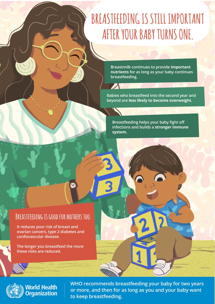 Breastfeeding is recommended at least until a child turns 2 years old.

It continues to:
✅ provide important nutrients
✅ build a stronger immune system &amp; protect against obesity.

Mums need access to breastfeeding support throughout their #breastfeeding journey.