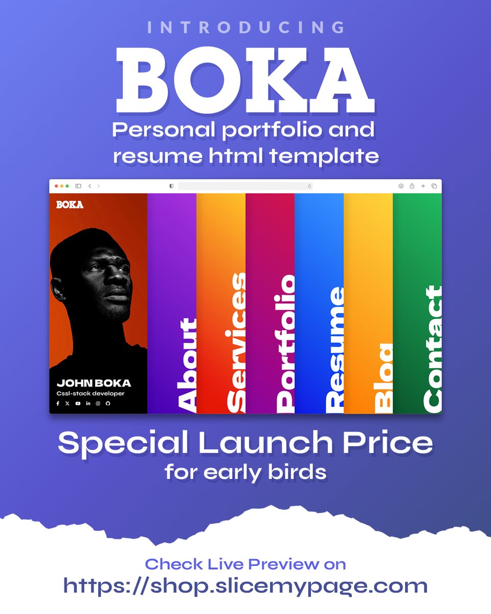 SLICEmyPAGE's tweet photo. 🚀 BOKA is Live! 🚀

Live demo - https://t.co/CyxecU9jCr

I’m excited to introduce BOKA, a modern and responsive personal portfolio and resume template built with Bootstrap 5!  Whether you're a freelancer, designer, or developer, BOKA is designed to help you  💼💻 https://t.co/Qt05HceCMi