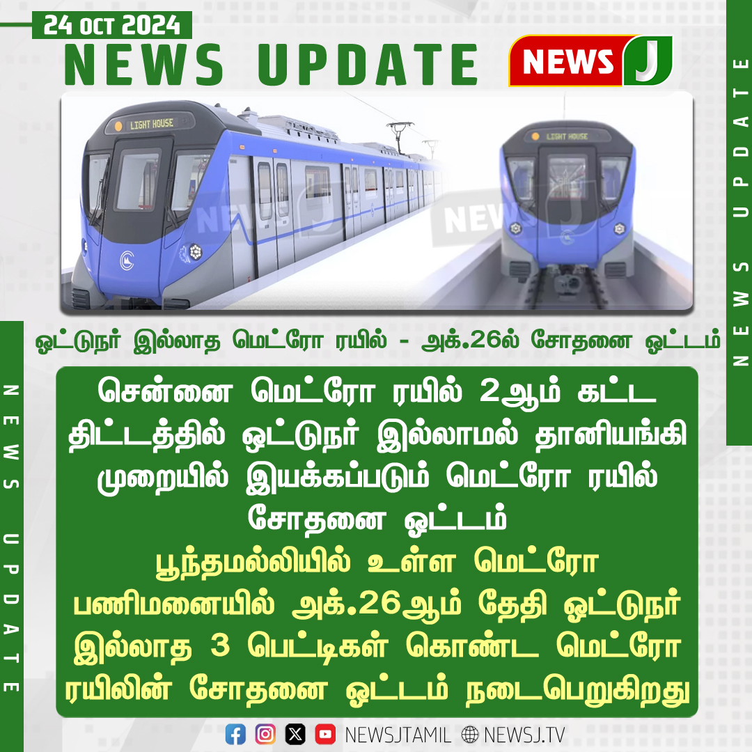 NewsJTamil's tweet image. #NEWSUPDATE || ஓட்டுநர் இல்லாத மெட்ரோ ரயில் - அக்.26ல் சோதனை ஓட்டம்..!

#MetroTrain | #DriverlessMetro | #ChennaiMetro | #MetroRail | #india | #TamilNadu | #NewsJ