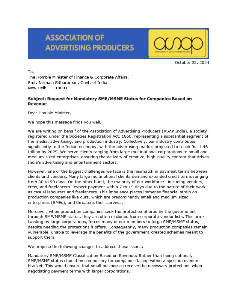 AssociationAsap's tweet photo. Association of Advertising Producers India urges @FinMinIndia &amp; @minmsme to make SME/MSME mandatory to help ad-filmmakers avoid unfair payment policies of certain MNCs and thereby safeguard daily wage earners from huge debt-traps. @PMO India @nsitharamanoffc @jitanrmanjhi https://t.co/XcnOzVgZLP