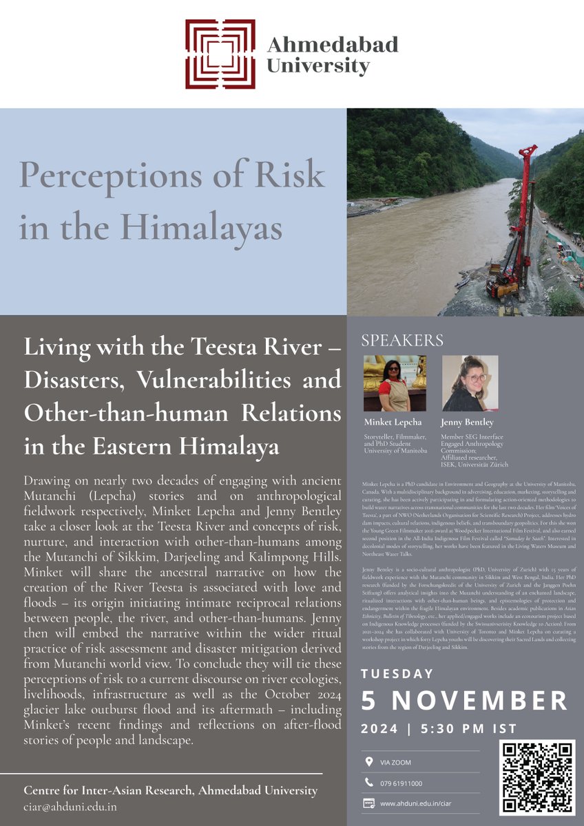 CIAR_AU's tweet photo. 🏛CIAR, @AhdUniv is pleased to invite you to the eighth session of the webinar series: 'Perceptions of Risk in the Himalayas’.

📎Register: https://t.co/1V1e5dPnsl

#teestariver #teesta #sikkim #darjeeling #kalimpong #mutanchi #himalayas https://t.co/nN92YTIjey