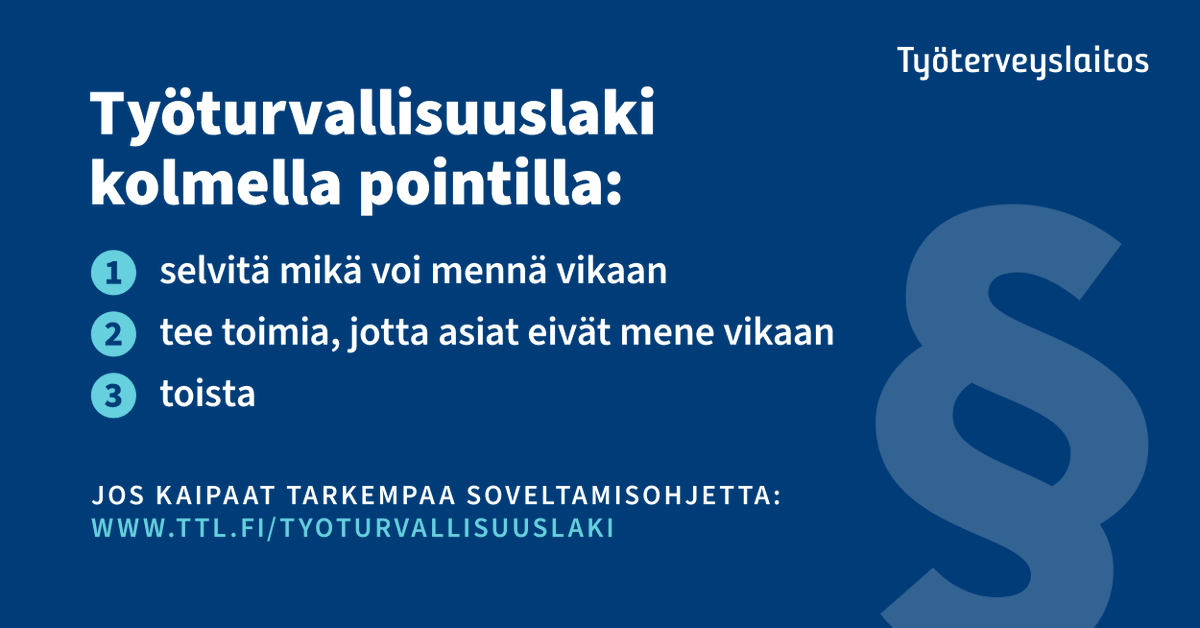 Työturvallisuuslain soveltamisopas on julkaistu verkossa ja se on kaikille vapaasti luettavissa. Ensimmäisessä julkaisussa neljä pykälää ja jatkoa seuraa! <a href="/tyoterveys/">Työterveyslaitos</a> #työturvallisuus ttl.fi/tyoturvallisuu…
