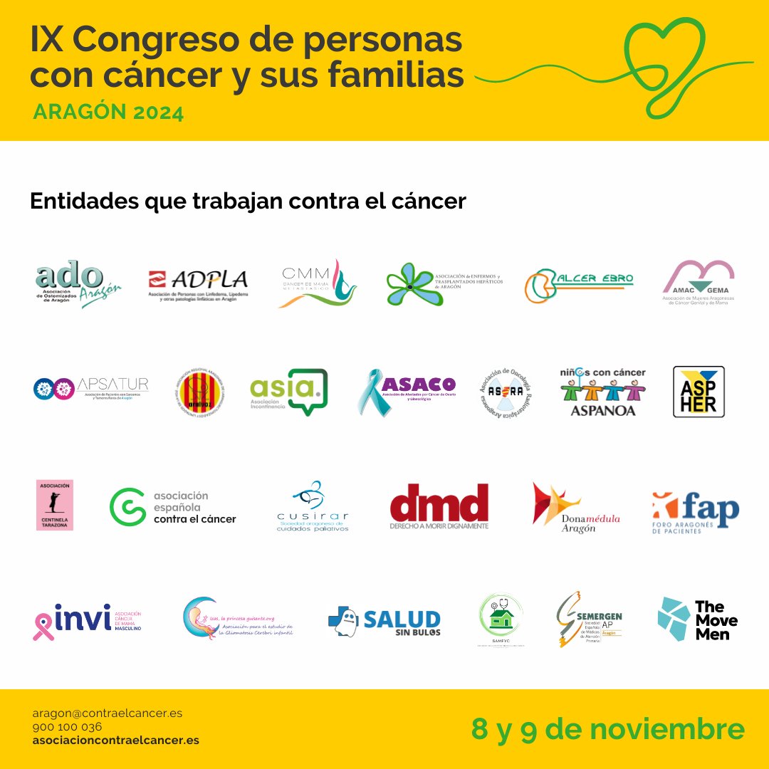 #JuntosSomosMásFuertes 💚
Las entidades que trabajan contra el cáncer en Aragón son partícipes del IX Congreso de Personas con Cáncer y sus Familias con el fin de dar visibilidad y apoyo, así como de informar y resolver dudas. ¡Conócelas! #ContraElCáncerAragón2024