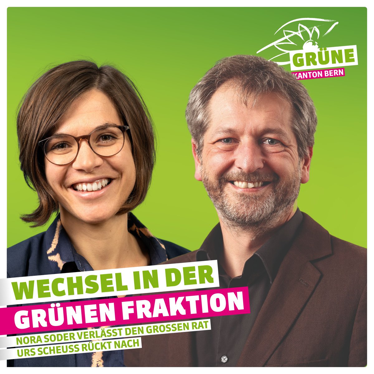 Wechsel in der Grünen Fraktion: Merci Nora Soder für deinen Einsatz im Grossen Rat für einen sozialeren und ökologischeren Kanton Bern 💚🌻! Herzlich Willkommen <a href="/UrsScheuss/">Urs Scheuss</a> , wir freuen uns auf die Zusammenarbeit ☀️
👉gruenebern.ch/blog/medienmit…