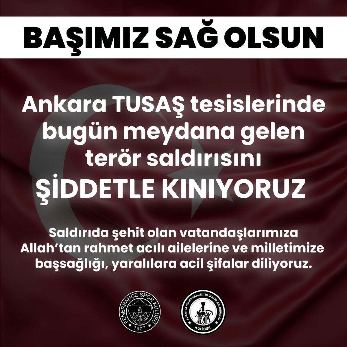 Türk Havacılık ve Uzay Sanayi A.Ş. (TUSAŞ) Ankara Kahramankazan tesislerine yönelik yapılan terör saldırısını lanetliyoruz. Saldırıda şehit olan vatandaşlarımıza Allah’tan rahmet diliyoruz. 

Milletimizin başı sağolsun.