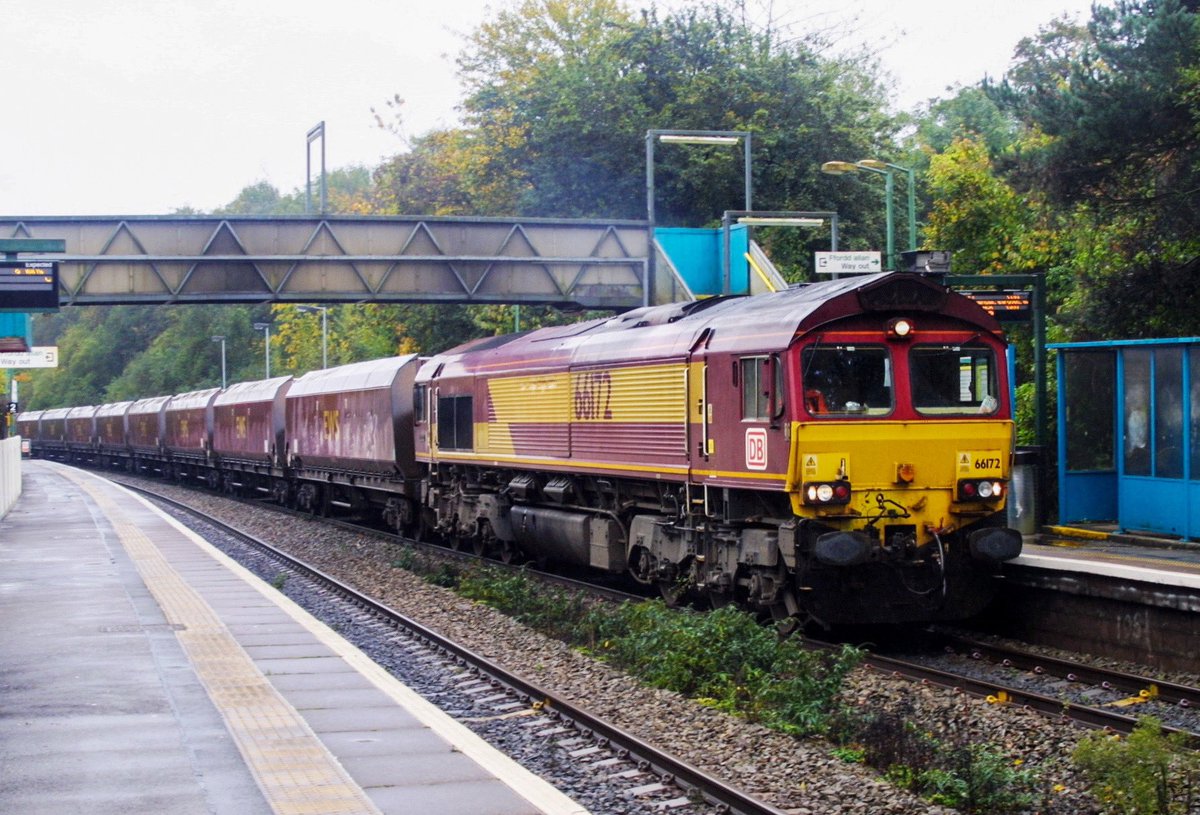 On this day in 2014. 

66172 'Paul Melleney' works the 6V01 00:22 Hope (Earles Sidings) to Cwmbargoed DP via Margam &amp; Aberthaw with 17 empty HTA's through Lisvane and Thornhill. 60017 had worked the train down from Hope as far as Margam, 24.10.2014