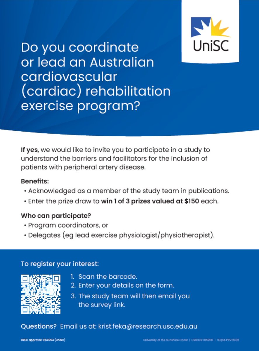 ACRA (@acra_acra) on Twitter photo Are you a coordinator or a program leader of an Australian cardiovascular rehab program? We'd love to hear your thoughts in including patients with peripheral artery disease in your programs.
👉🏼👉🏼 uniofsunshinecoast.syd1.qualtrics.com/jfe/form/SV_cZ…
<a href="/Chris_Feka/">Chris Feka</a> <a href="/chris__askew/">Chris Askew</a> <a href="/SOLVECHD/">❤️SOLVECHD❤️</a> Are you a coordinator or a program leader of an Australian cardiovascular rehab program? We'd love to hear your thoughts in including patients with peripheral artery disease in your programs.
👉🏼👉🏼 uniofsunshinecoast.syd1.qualtrics.com/jfe/form/SV_cZ…
<a href="/Chris_Feka/">Chris Feka</a> <a href="/chris__askew/">Chris Askew</a> <a href="/SOLVECHD/">❤️SOLVECHD❤️</a>