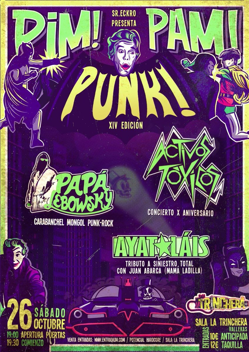Este sabadete toco la batería con Ayatoláis en Vallecas en el festival Pim Pam punk, junto a Papá Lebowsky y Activos tóxicos.

Aportaremos nuestra cuidada selección de entre las grandes obras de los mitológicos Siniestro total, oigan.
entradium.com/es/events/pim-…