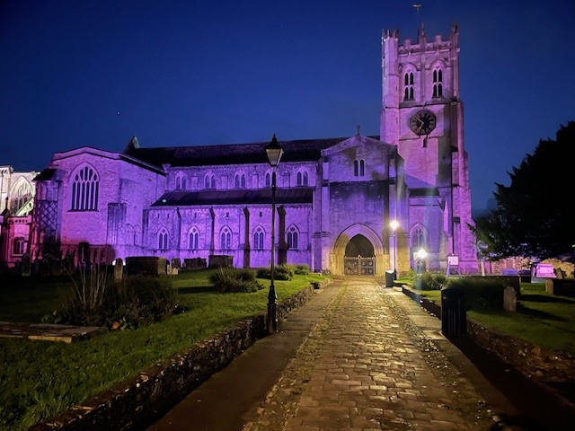 TheDLDMouse's tweet image. Some pictures of Christchurch priory that I've been sent. It was lit up on #dldday to help raise awareness of Developmental Language Disorder. Doesn't it look amazing 💜💛