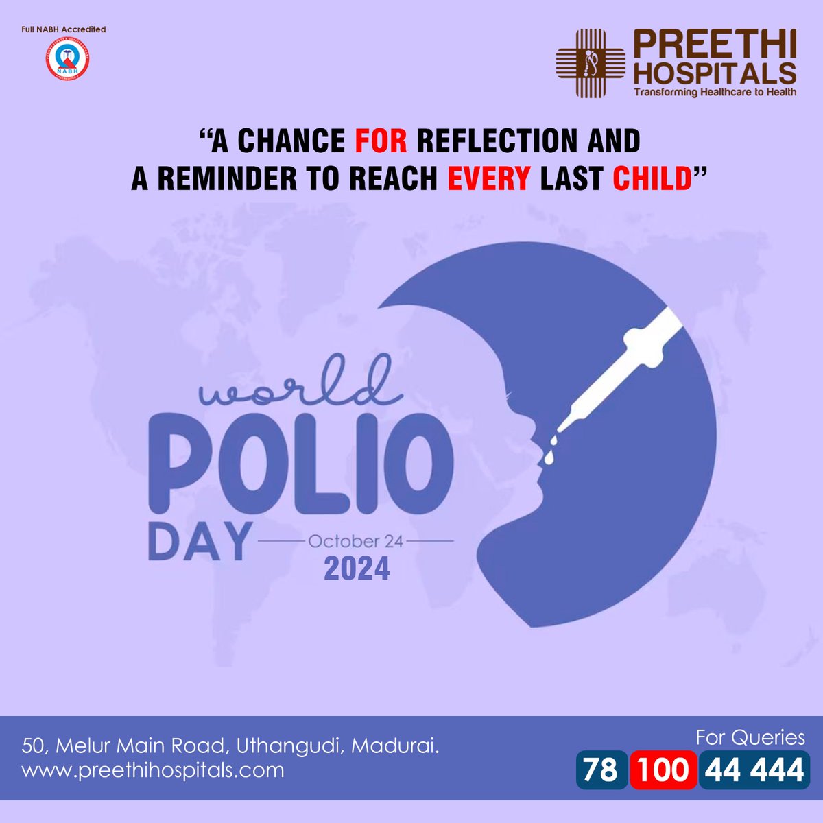 PreethiMadurai's tweet photo. On this World Polio Day 2024, let's unite to ensure a polio-free future for every child. At Preethi Hospitals, Madurai, we stand committed to raising awareness and supporting immunization efforts for a healthier tomorrow. #EndPolio! 💪🌍 #WorldPolioDay #PolioFreeFuture https://t.co/6ILtDAWe5D