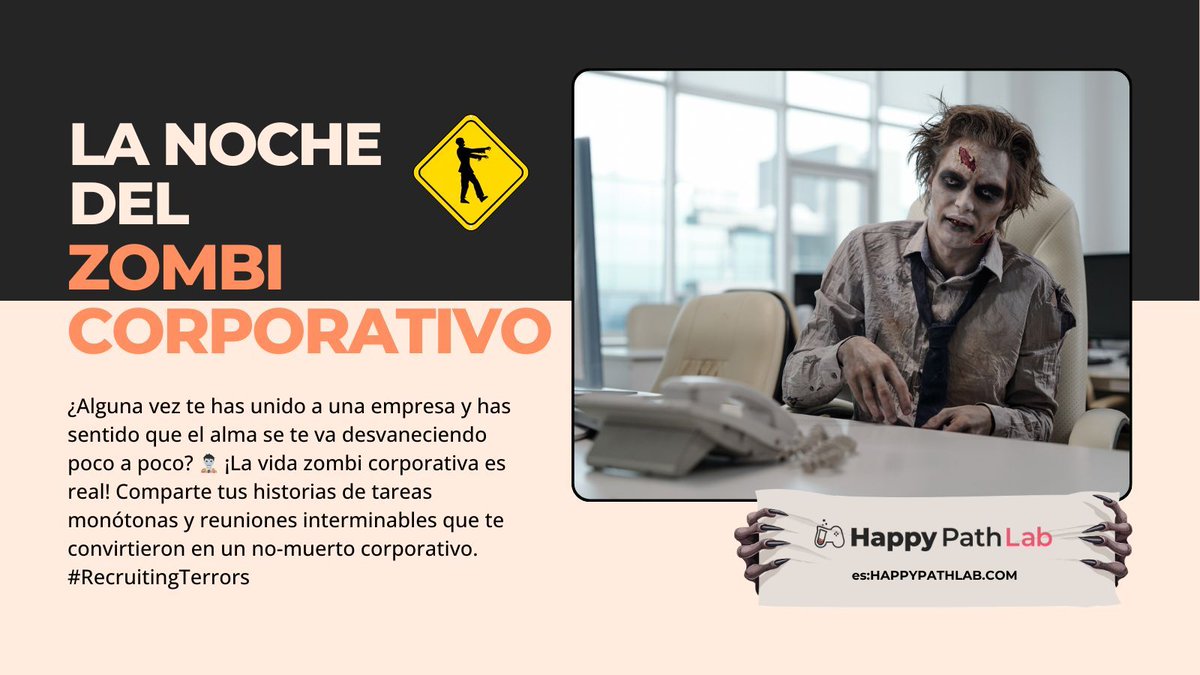 HappyPathLABes's tweet image. 🧟‍♂️ ¡La noche del zombi corporativo ha llegado! 🧟‍♀️ ¿Te has sentido como un no-muerto en el trabajo? Tareas interminables y reuniones eternas. 😵‍💫 ¡Cuéntanos tu experiencia más aterradora con #RecruitingTerrors! 👻 #Halloween #HappyPathLab