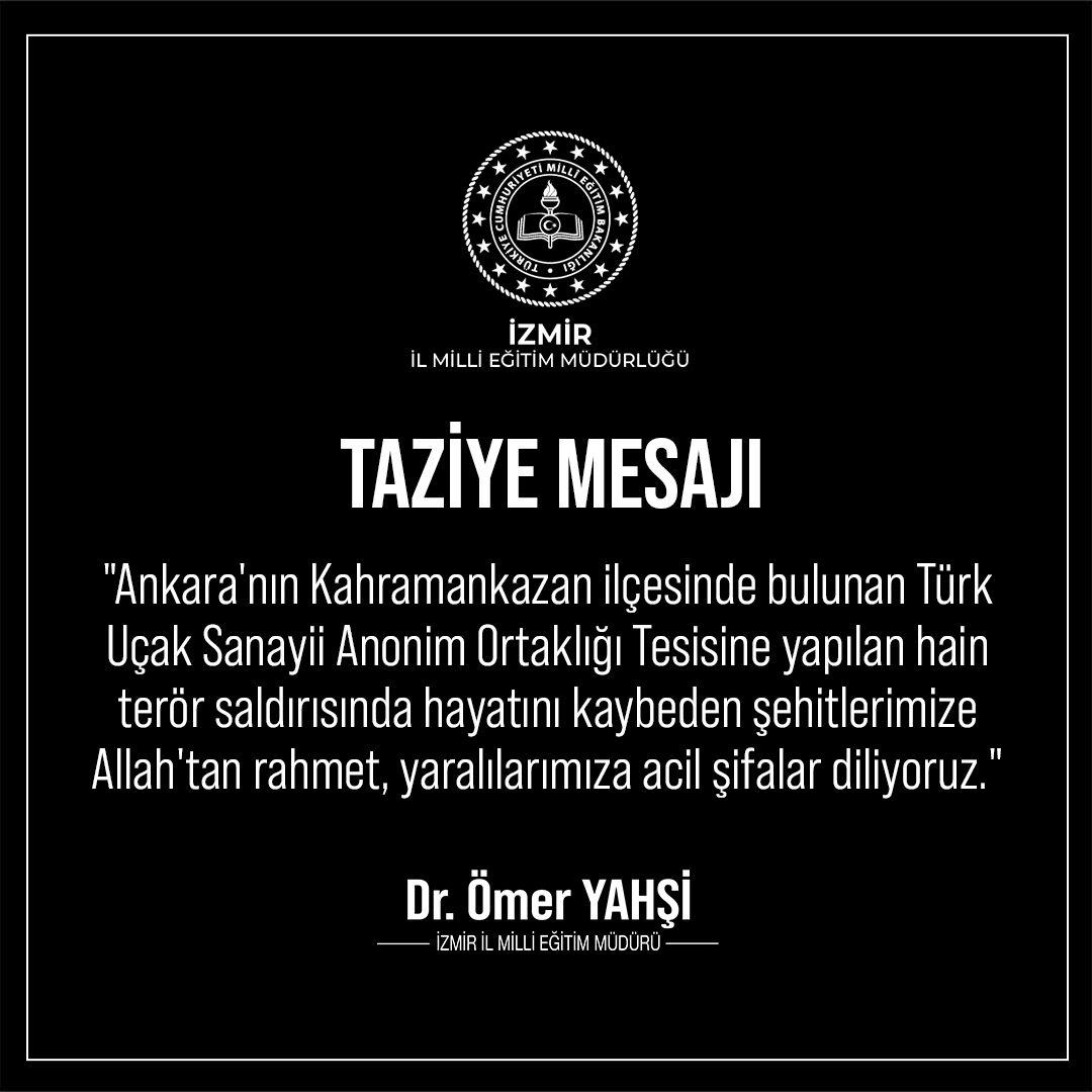"Ankara'nın Kahramankazan ilçesinde bulunan Türk Uçak Sanayii Anonim Ortaklığı tesisine yapılan hain terör saldırısında hayatını kaybeden şehitlerimize Allah'tan rahmet, yaralılarımıza acil şifalar diliyoruz."
<a href="/tcmeb/">Millî Eğitim Bakanlığı</a> 
<a href="/Yusuf__Tekin/">Yusuf Tekin</a> 
<a href="/drsuleymanelban/">Dr. Süleyman Elban</a> 
<a href="/yahsiomer/">Dr. Ömer YAHŞİ</a>