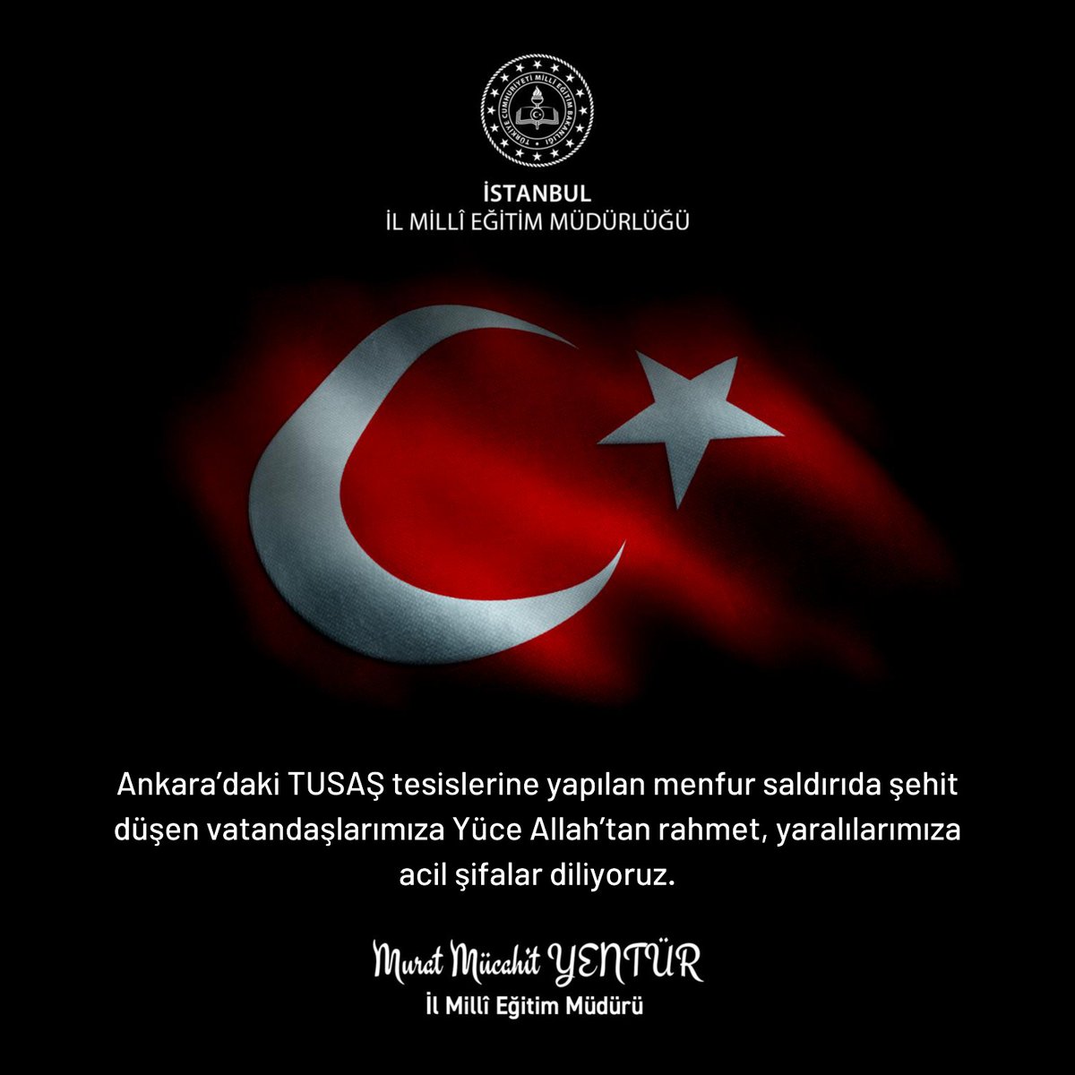 🇹🇷 Ankara'daki TUSAŞ tesislerine yapılan menfur saldırıda şehit düşen vatandaşlarımıza Yüce Allah'tan rahmet, yaralılarımıza acil şifalar diliyoruz.

Milletimizin başı sağ olsun... 

<a href="/tcmeb/">Millî Eğitim Bakanlığı</a> <a href="/Yusuf__Tekin/">Yusuf Tekin</a>
<a href="/MucahitYentur/">Murat Mücahit Yentür</a>