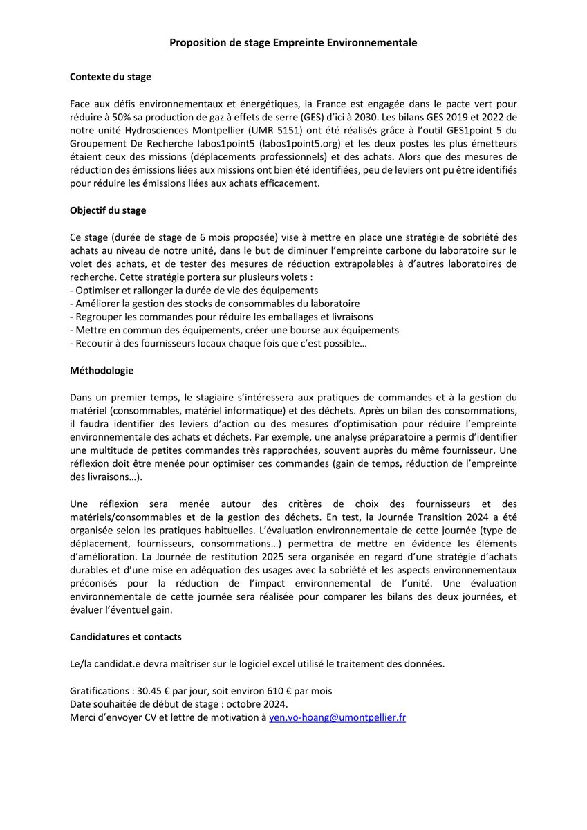 HydroSciences Montpellier (@hydrosciencesmp) on Twitter photo Le groupe de travail Empreinte Environnementale d'<a href="/HydroSciencesMp/">HydroSciences Montpellier</a> recherche un stagiaire pour travailler sur l'empreinte des achats et rechercher les leviers d'action pour diminuer cette empreinte. Le groupe de travail Empreinte Environnementale d'<a href="/HydroSciencesMp/">HydroSciences Montpellier</a> recherche un stagiaire pour travailler sur l'empreinte des achats et rechercher les leviers d'action pour diminuer cette empreinte.