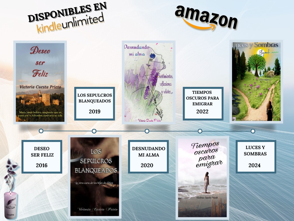 ✨DISFRUTAD DE LECTURAS EMOTIVAS, LLENAS DE SENSIBILIDAD, CRÍTICAS...

📖LUCES Y SOMBRAS.Eligiendo camino

📖TIEMPOS OSCUROS PARA EMIGRAR.

📖DESNUDANDO MI ALMA.

📖LOS SEPULCROS BLANQUEADOS.

📖DESEO SER FELIZ.

🔵Gratis en #Amazon #KindleUnlimited👇
amazon.es/stores/Victori…