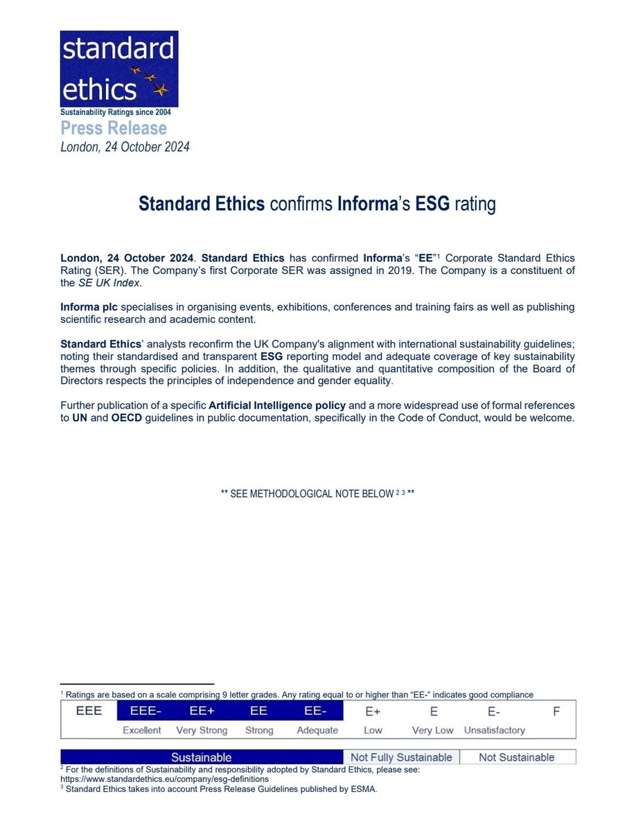 Standard Ethics (@standardethics) on Twitter photo Standard Ethics has confirmed #ESG #rating to #Informa. The Company is part of the Agency's UK index. Below for more info. <a href="/ReutersBiz/">Reuters Business</a> <a href="/fteconomics/">FT Economics</a> #sustainability #compliance Standard Ethics has confirmed #ESG #rating to #Informa. The Company is part of the Agency's UK index. Below for more info. <a href="/ReutersBiz/">Reuters Business</a> <a href="/fteconomics/">FT Economics</a> #sustainability #compliance