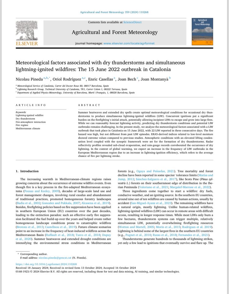 🆕 Avui ha sortit publicat l'article "Meteorological factors associated with dry thunderstorms and simultaneous lightning-ignited wildfires: The 15 June 2022 outbreak in Catalonia"

🔗 Podeu llegir-lo (en obert fins al 13/12/2024) a: authors.elsevier.com/c/1j~MQcFXJkUVa