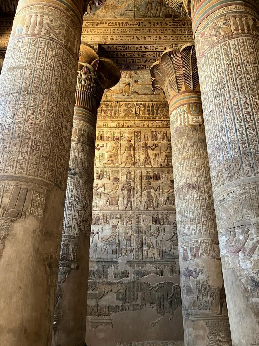 DrNWillburger's tweet photo. A friend who is involved in the Esna restoration project has shared with me his latest impressive photos of the restored walls and columns of the Temple of Khnum in Esna, Upper #Egypt. The colours of the reliefs and inscriptions in the building have been covered by a....1/2 https://t.co/xO3mWn451i