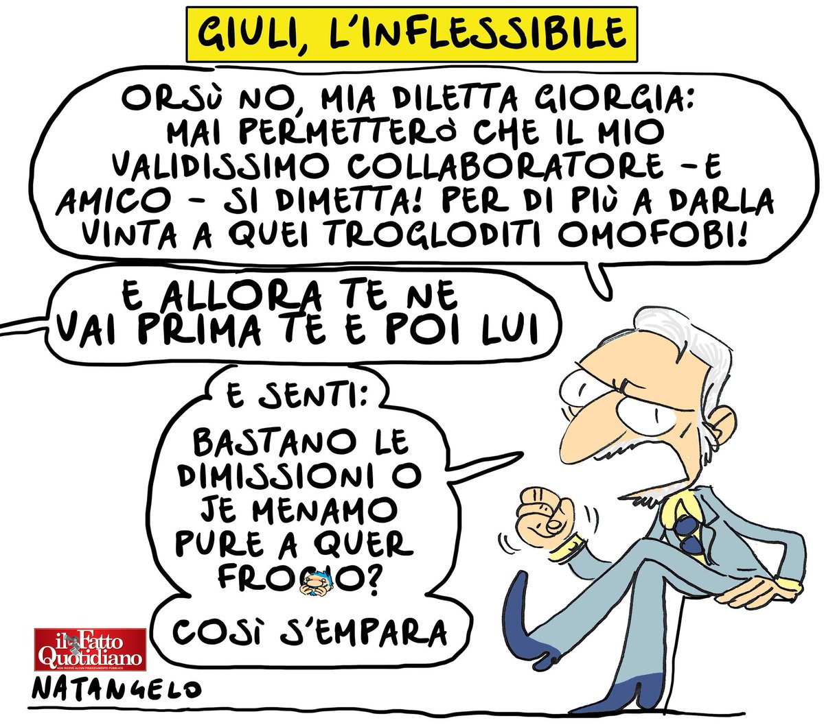 NatangeloM's tweet photo. La schiena dritta di Giuli - la mia vignetta per Il Fatto Quotidiano oggi in edicola! 

 #meloni #giuli #spano #sangiuliano #cultura #vignetta #fumetto #memeitaliani #umorismo #satira #humor #natangelo https://t.co/hwf85wZL65