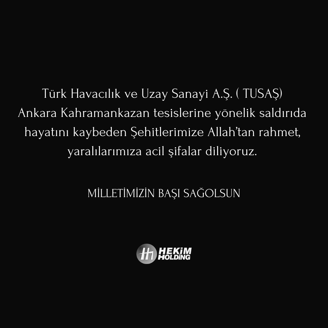 Türk Havacılık ve Uzay Sanayi A.Ş. ( TUSAŞ) Ankara Kahramankazan tesislerine yönelik saldırıda hayatını kaybeden Şehitlerimize Allah’tan rahmet, yaralılarımıza acil şifalar diliyoruz.

Milletimizin Başı Sağolsun.