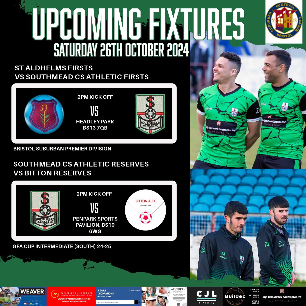 AthelticFc's tweet photo. Saturday’s Fixture👏🏻💚

Firsts vs @StAldhelmsAFC1 

Reserves vs @BittonAFC_res 

Firsts are back in action in the league looking to continue some good form whilst our reserves are at home in the GFA cup trying for another cup run🤞🏻

UTM🟢⚪️ https://t.co/syA7uuYuzf