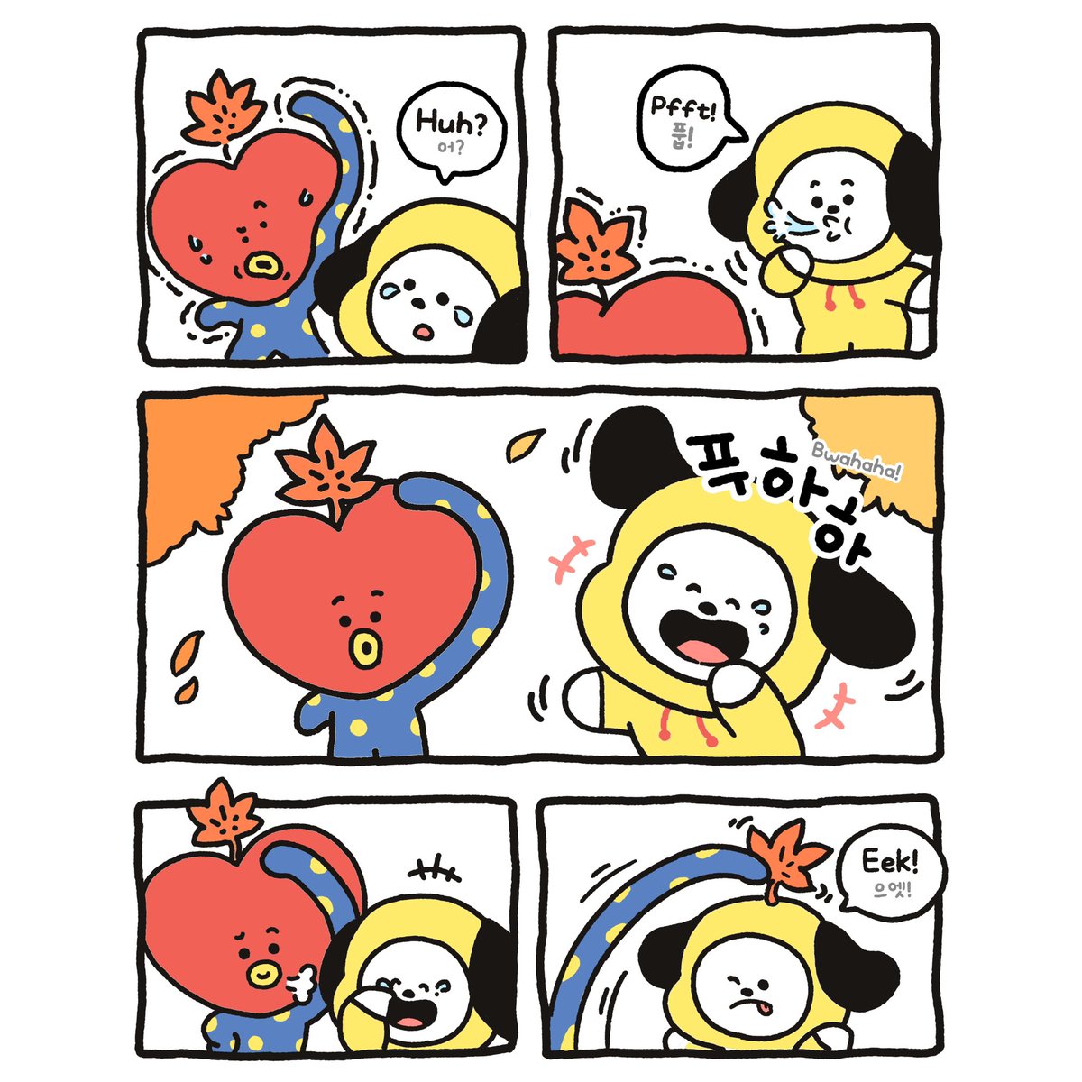 Even falling leaves make us laugh—that's our friendship!✌️🍂

落ち葉が落ちてきただけでも笑えちゃうくらい仲良し！✌️🍂

낙엽만 굴러가도 웃는 우리 사이!✌️🍂

#BT21 #CHIMMY #TATA #Autumn #BestFriends