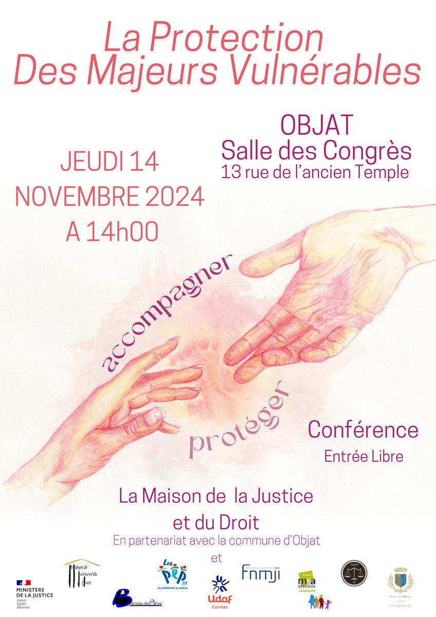 📣[Conférence] - La MJD présente : 
 
La protection des majeurs vulnérables 

➡️Présentation des mesures et du cadre d’intervention 
➡️ En présence des acteurs œuvrant de concert sur cette thématique  

📆 le 14.11.2024 à 14h00 - Salle des Congrès à OBJAT
✅ Entrée libre