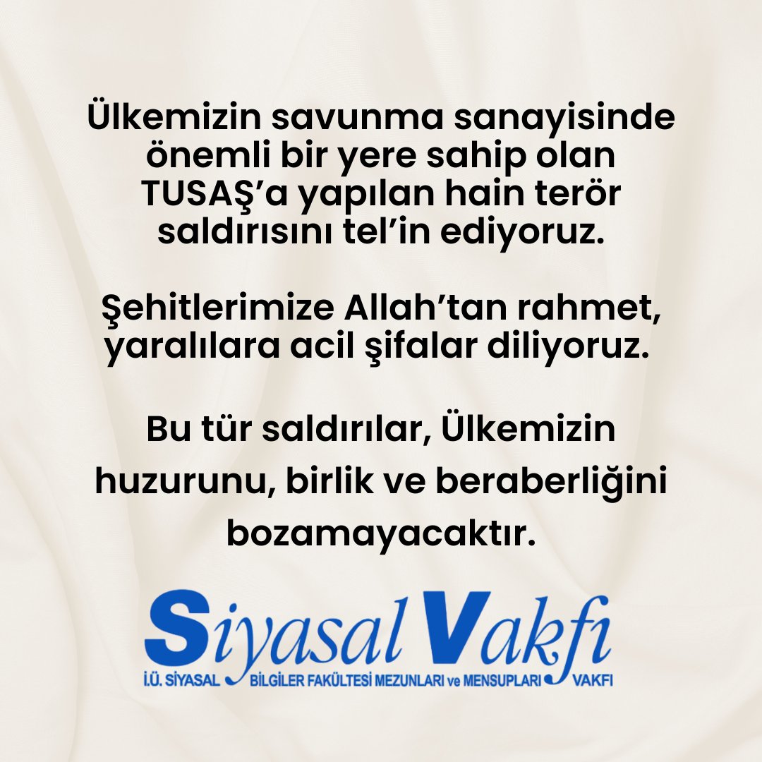 Ülkemizin savunma sanayisinde önemli bir yere sahip olan TUSAŞ’a yapılan hain terör saldırısını tel’in ediyoruz.

Şehitlerimize Allah’tan rahmet, yaralılara acil şifalar diliyoruz.

Bu tür saldırılar, Ülkemizin huzurunu, birlik ve beraberliğini bozamayacaktır.

<a href="/TUSAS_TR/">Türk Havacılık Uzay Sanayii</a>