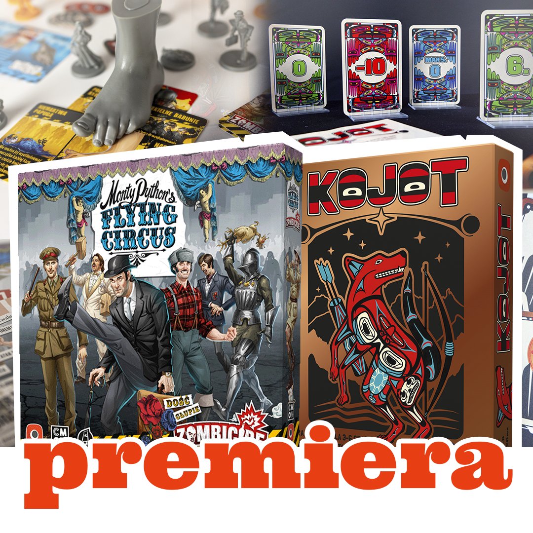 Dzisiejsze premiery i hasła przewodnie:
Kojot ➡️ karcianka, blef, impreza
Latający Cyrk Monty Pythona ➡️ rozszerzenie, zombicide, faza