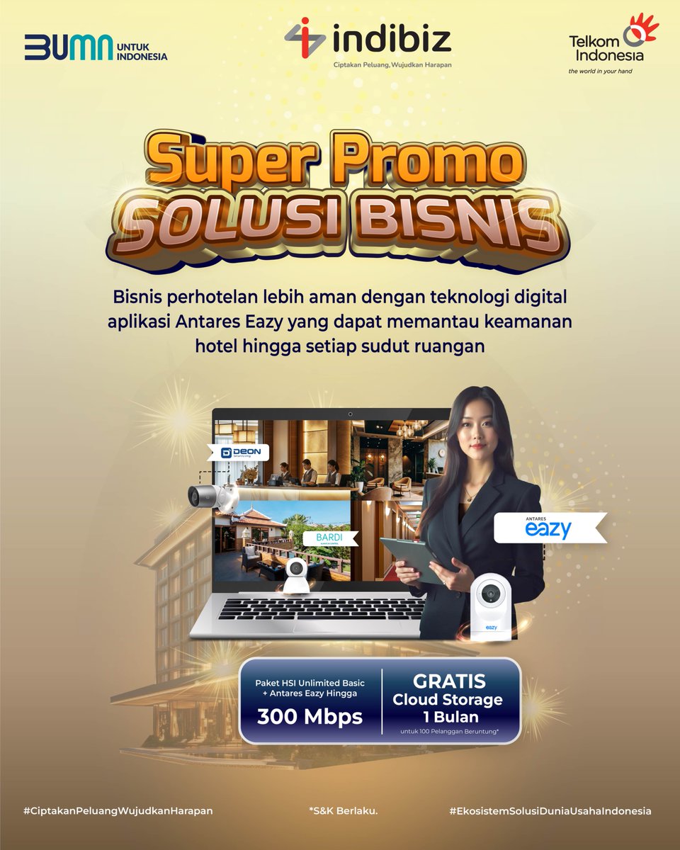 IndibizJBN's tweet photo. #JBNInfo
Berikan pengalaman menginap yang lebih baik pada tamu hotel dengan internet cepat hingga 300 Mbps!
Free Cloud Storage gratis selama 1 bulan dan 50 kuota OCA Blast untuk meningkatkan operasional hotel dari Super Promo.

#Indibiz #indibizJBN
#CiptakanPeluangWujudkanHarapan https://t.co/9DULeuE3Di
