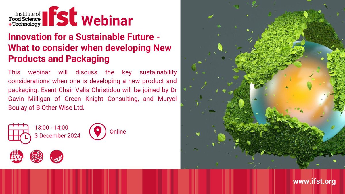 ifstnews's tweet photo. 🌱 Join us on 3 Dec, 13:00 - 14:00 for our webinar on Innovation for a Sustainable Future! Learn from experts about key sustainability considerations in New Product Development &amp; Packaging. Free for IFST members! 🎓

🔗 Register here: https://t.co/NFPeCeUS1R https://t.co/rqrCIitquW