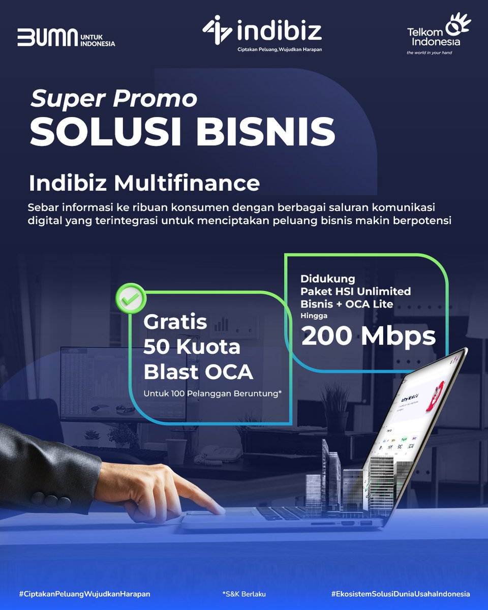 IndibizJBN's tweet photo. #JBNInfo
Tingkatkan performa bisnis multifinance dengan dukungan internet cepat hingga 300 Mbps dan bonus Cloud Storage gratis selama 1 bulan dari Super Promo!

#Indibiz #indibizJBN
#CiptakanPeluangWujudkanHarapan https://t.co/y0J4RqOGK8