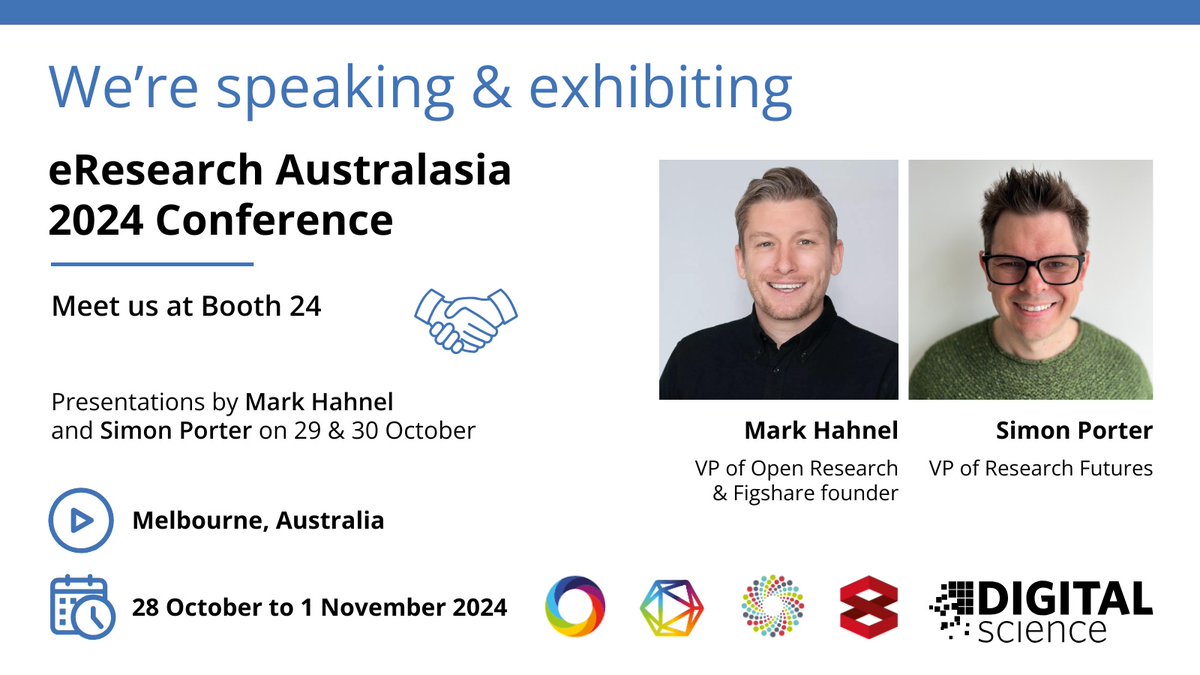 Digital Science (@digitalsci) on Twitter photo We're pleased to be rejoining the #eResearch community for the #eResAU2024 conference, where <a href="/MarkHahnel/">Mark Hahnel</a> & <a href="/sjcporter/">Simon Porter is no longer active here</a> will be speaking!
🗓️ 28 October to 1 November 2024
📍Melbourne, Australia
At Booth 24, we'll be showcasing <a href="/altmetric/">Altmetric</a> <a href="/DSDimensions/">Dimensions</a> <a href="/figshare/">Figshare</a> & <a href="/Symplectic/">Symplectic</a> We're pleased to be rejoining the #eResearch community for the #eResAU2024 conference, where <a href="/MarkHahnel/">Mark Hahnel</a> & <a href="/sjcporter/">Simon Porter is no longer active here</a> will be speaking!
🗓️ 28 October to 1 November 2024
📍Melbourne, Australia
At Booth 24, we'll be showcasing <a href="/altmetric/">Altmetric</a> <a href="/DSDimensions/">Dimensions</a> <a href="/figshare/">Figshare</a> & <a href="/Symplectic/">Symplectic</a>